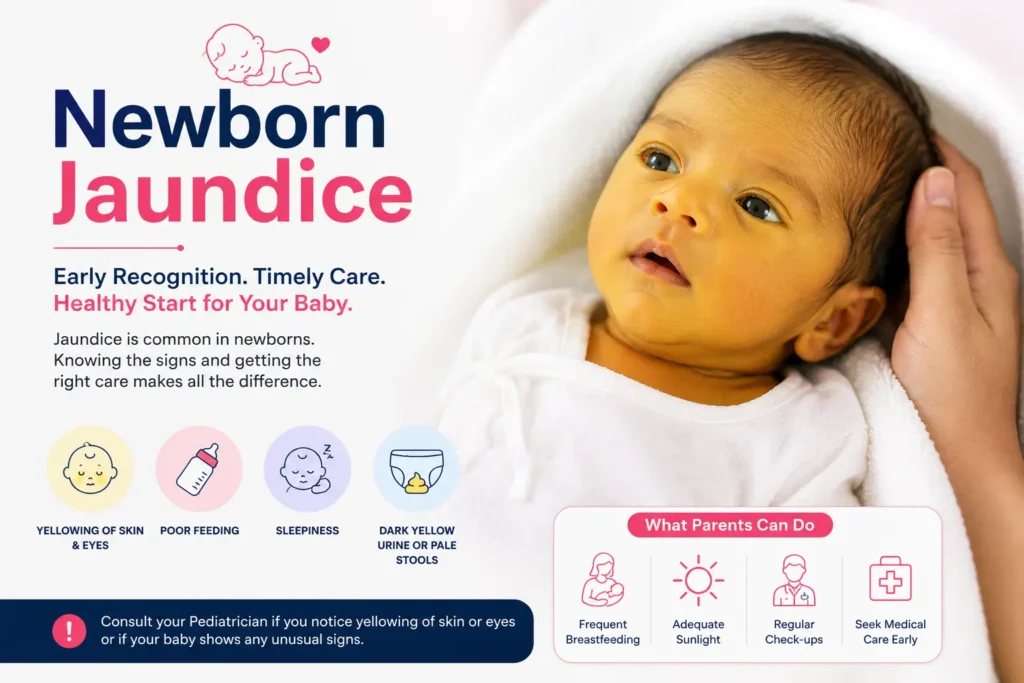Newborn baby showing signs of jaundice, highlighting early recognition and pediatric care for newborn jaundice.