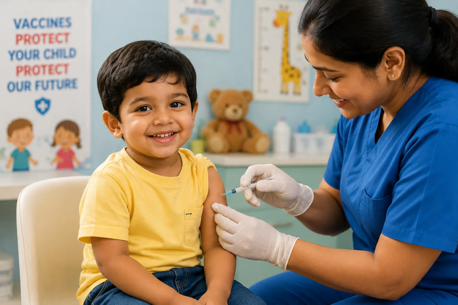 Child receiving a safe vaccination at Kranthi Children's Clinic, Pragathi Nagar, Hyderabad