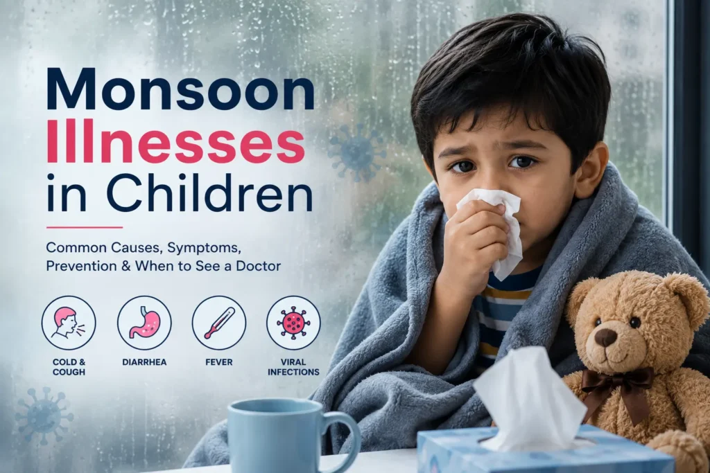 Young child with a cold wrapped in a blanket during the rainy season, representing common monsoon illnesses in children.