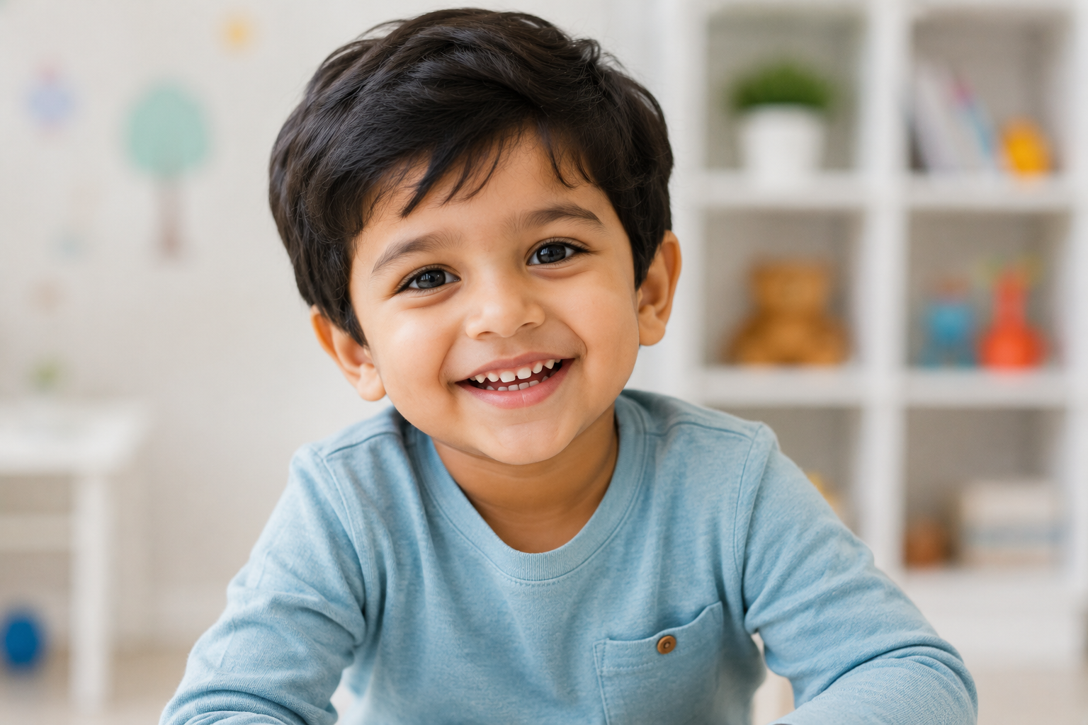 Happy smiling child at Kranthi Children's Clinic, Pragathi Nagar, Hyderabad