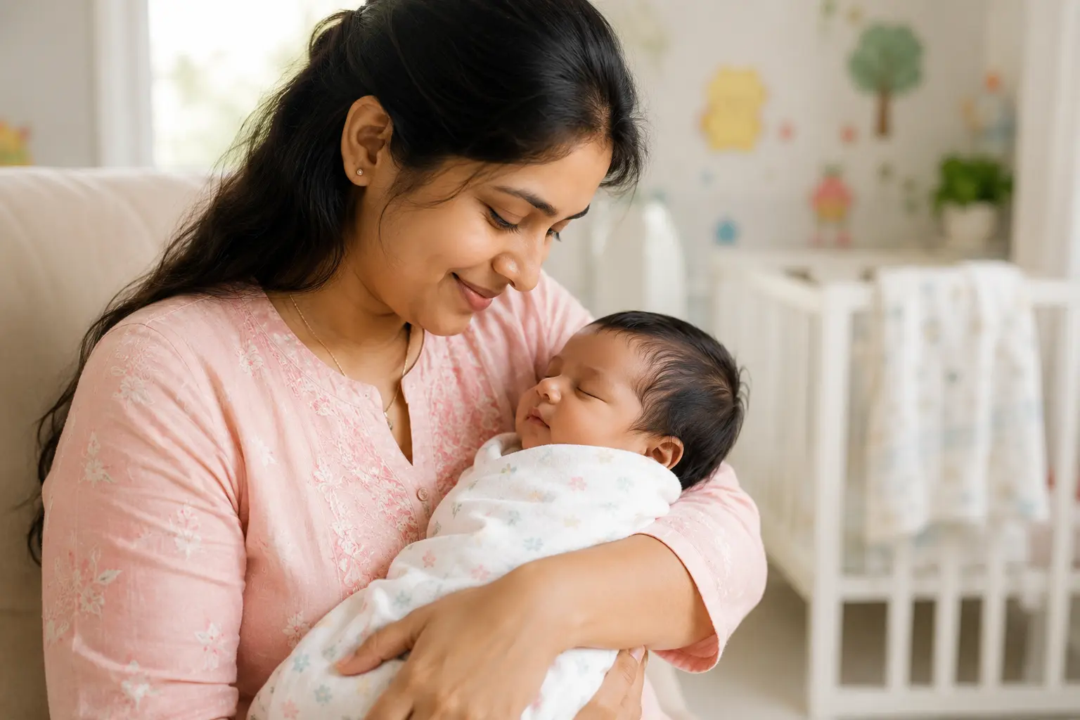 Mother holding her newborn baby during a newborn care visit at Kranthi Children's Clinic, Hyderabad